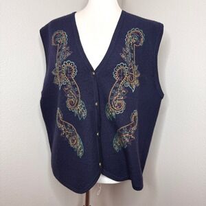 KORET Boiled 100% Wool Vest‎ LG Blue Paisley Embroidery Beaded Navy Grandma Core